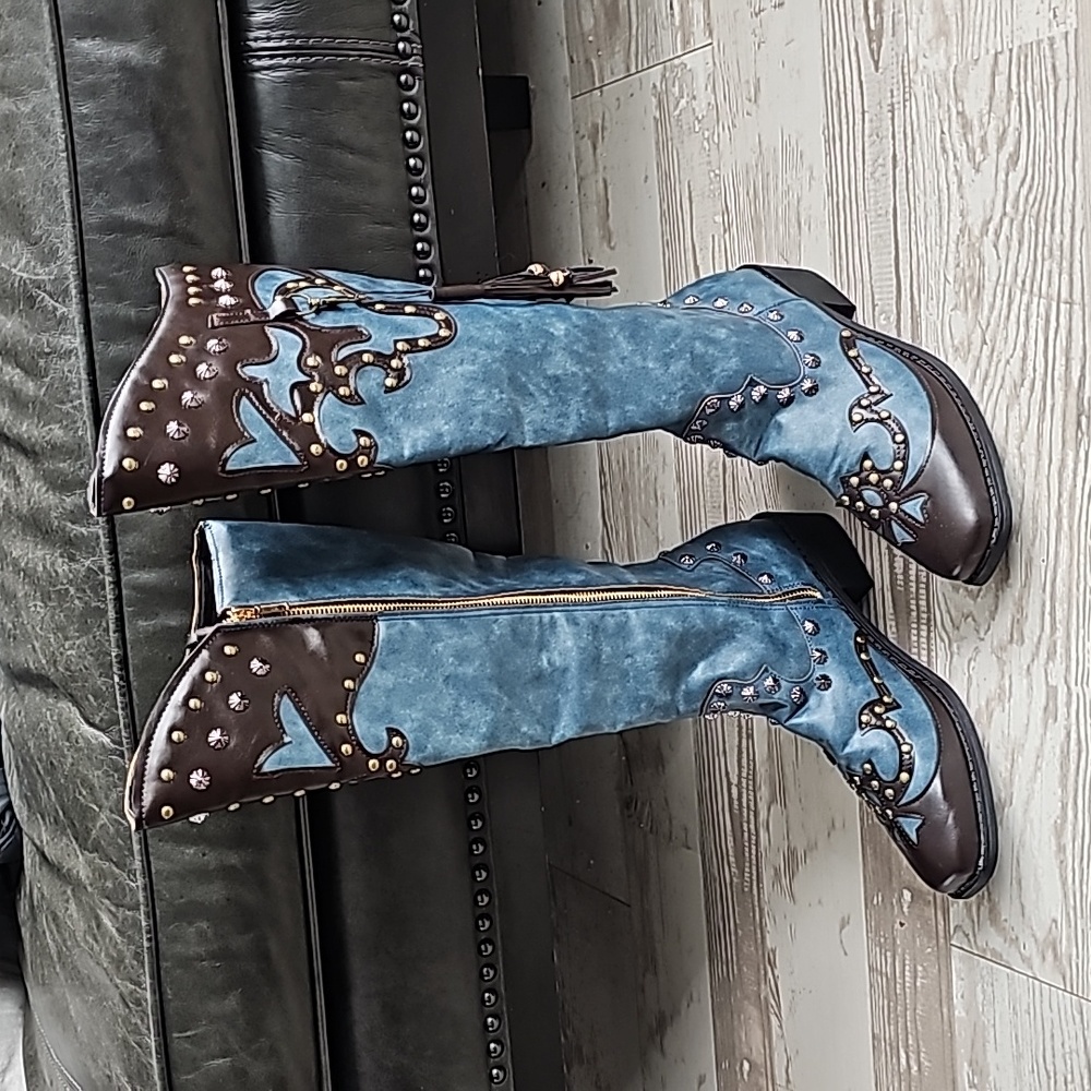 Turquoise Blue & Brown Gold & Silver Studded Knee High Cowgirl Boots w/Tassel.